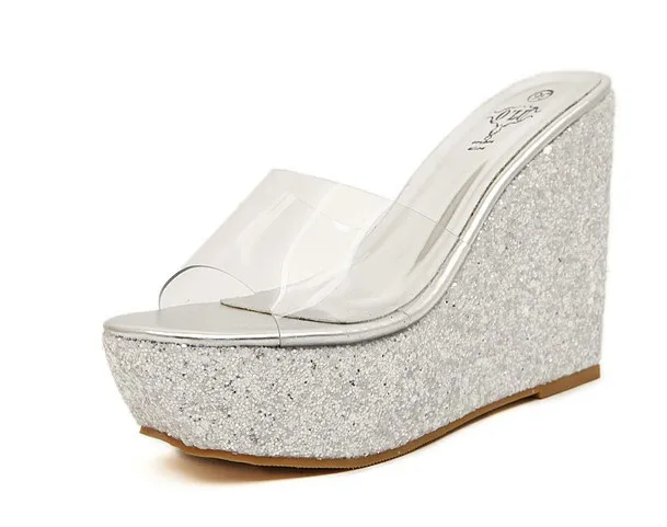 

2018 New Products Transparent Film Waterproof Platform Thick Bottomed Slanted Heel Sandals B333-8 Four Colors