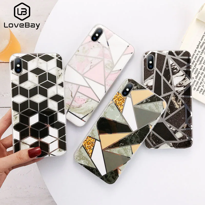 

Lovebay Artistic Geometric Marble Texture Phone Case For iPhone X XR Xs Max TPU and PC Laser Back Cover For iPhone 6 6s 7 8 Plus