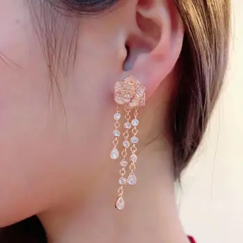 

Fashion Rose Flower Earring charm round drill tassel chain camellia earring for Women Romantic wedding party jewelry silver 925