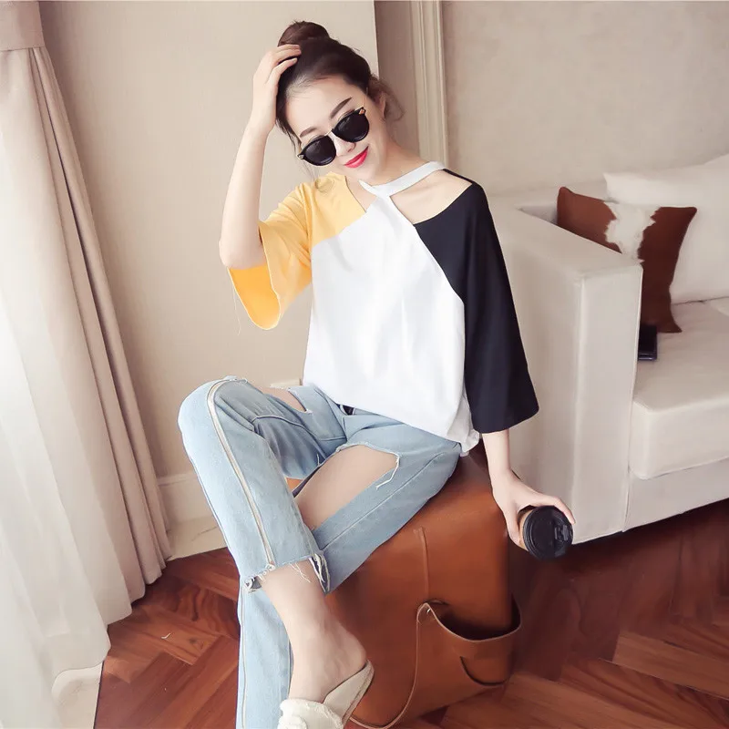 

Summer New Style Korean-style Three-quarter-length Sleeve Contrast Color Halter T-shirt Large Size Dress Loose-Fit off-Shoulder