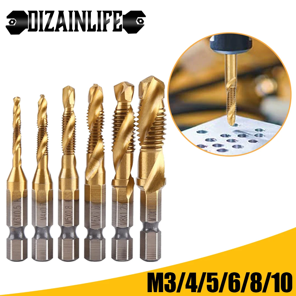 DIZAINLIFE M3 M4 M5 M6 M8 M10 Metric Thread Tap Drill Bit Set Hex Shank Titanium Plated HSS Screw Compound Hand Tool | Инструменты