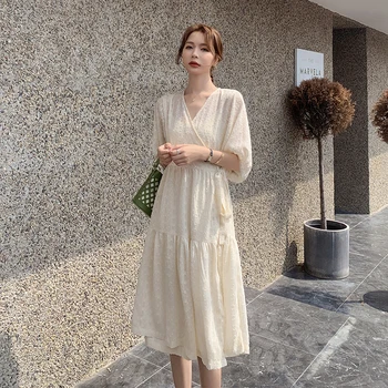 

2020 Brand New Women Lace Dress V-neck French Retro Style Puff Sleeve Elegant Midi Dress High Quality Party Dress Vestidos