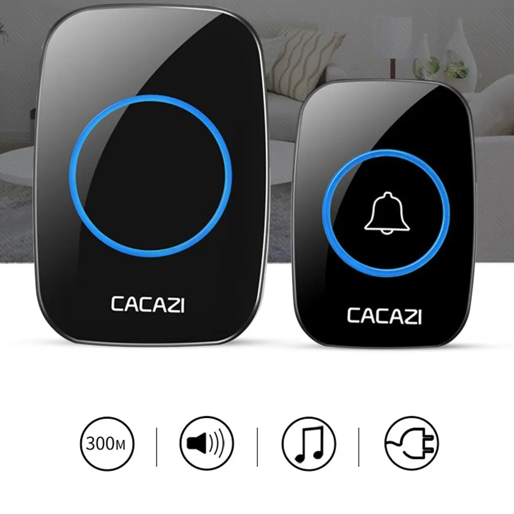 CACAZI-timbre inalámbrico a prueba de agua, 300M, remoto, enchufe de la UE, campana de puerta inteligente, batería de 1, 2 botones, 1, 2, 3 receptores de CA