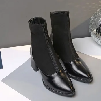 

Oversized boots women shoes ankle boots for women ladies boots Stitching front zipper pointed square heel