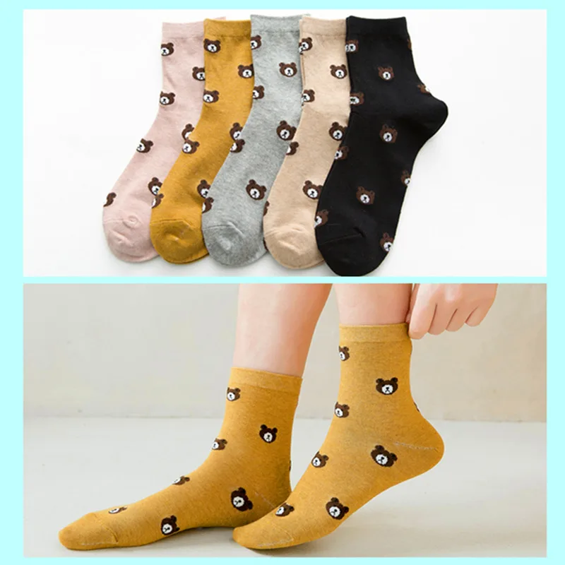 Весенне-осенние женские хлопковые носки-трубы с милым медведем для колледжа, трендовые короткие носки, винтажные студенческие спортивные носки