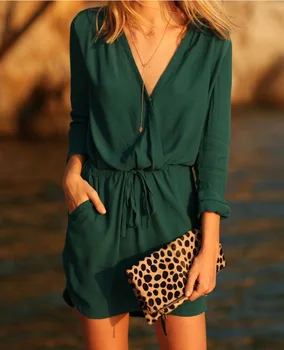 

2020 Sexy Low Cut V-neck Dress Solid Color Simple Youth Fashion Loose Long-sleeved Dress Female Spring