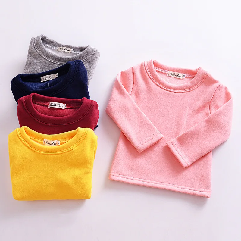 

CYSINCOS children's cloths autumn Plus velvet thickening children's round neck shirt solid color baby boys girls shirt tops
