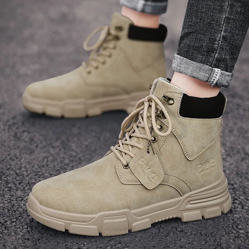 

Plus Velvet Leather Boot Men Martin Boots Winter Breathable England Hight-top Men's Trendy Shoes Workwear Combat Boots Casual Ne