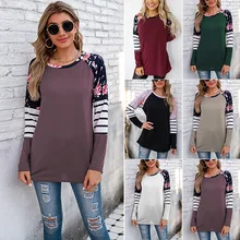 Special Offers Vintage T Shirt Women Loose Floral Stripe Stitch Print Loose Long Sleeve Top Streetwear T Shirt