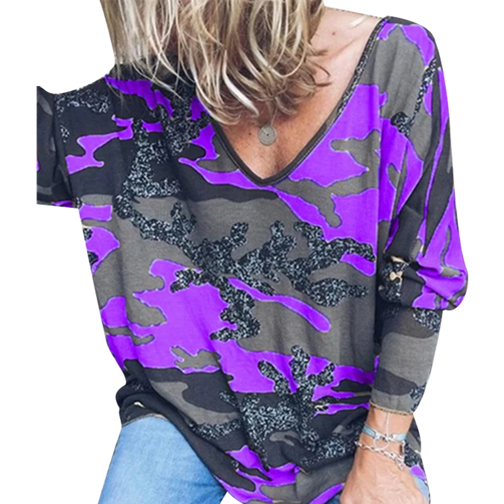 Размера плюс пикантные Camiseta de с капюшоном и Куэльо en V y estampado de camuflaje suelto неофициальных para mujer de otoño