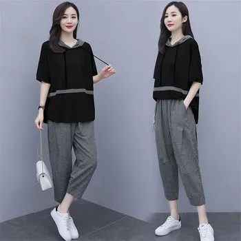 

Casual Sporting Tracksuit 2 Piece Sets Summer Women Hooded Short Sleeve T-Shirt plaid Pants Set Club Outfits