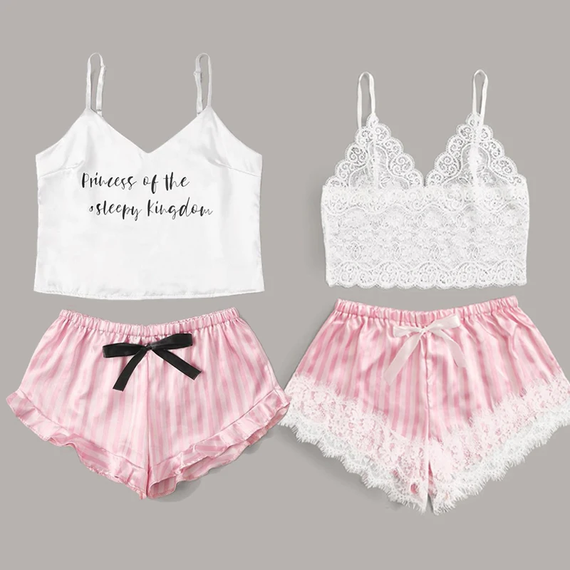 Lingerie Women Pajamas Sexy Lace Silk Pyjamas Set Lingerie Clothes For Women Straps Pijama Ladies Bathrobe Sleepwear Pajama Suit