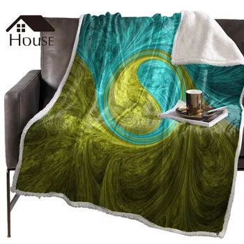 

BIGHOUSES Throw Blanket Chinese Style Blue-Green Taiji Lake Mixed Art Fleece Blankets Personalized Blankets Bedclothes