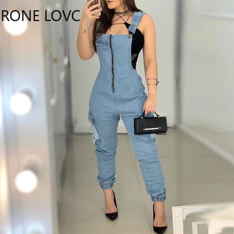 Women Denim Zip Front Suspender Jeans Jumpsuit Women Denim Zip Front Suspender Jeans Jumpsuit