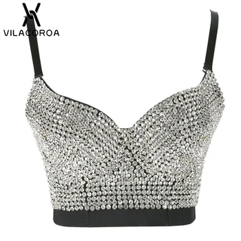 

High-end Luxury Party T-shirt Crop Tops Women's Diamond Sparkling Umbilical Spaghetti Strap Tube Top Sexy Banquet Ladies T-shirt