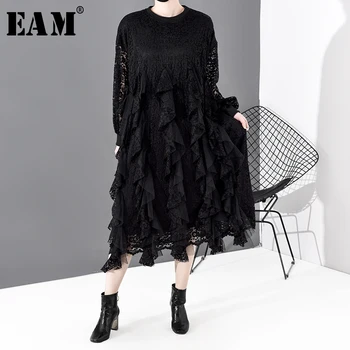 

[EAM] Women Black Lace Ruffles Big Size Dress New Round Neck Long Sleeve Loose Fit Fashion Tide Spring Autumn 2020 1R43201