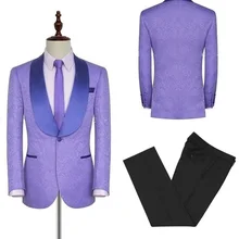 2Pcs Men Suits Set Purple Jacquard Wedding Tuxedo Jacket Blazer Pants Costumes Hommes Groom Formal Custom Made Male Wear