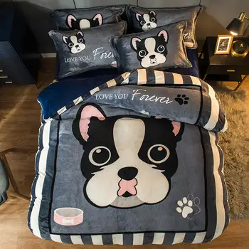 

Gentleman dog Bedding Set Flannel Bed Set Cartoon gray Duvet Cover Set soft Bed Sheet Pillowcases Twin Queen size