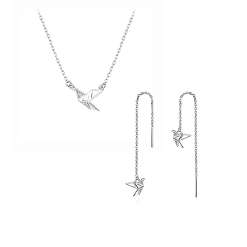 

ANENJERY Simple S925 Stamp Silver Color Paper Crane Necklace+Earrings Long Ear Chain Jewelry Sets For Women Gift