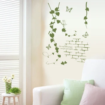 

Fresh Delicate Parlor Korean Style Green Rattan Vines Butterfly Wall Stickers for Living Room Removable Vinyl Wall Art Decals