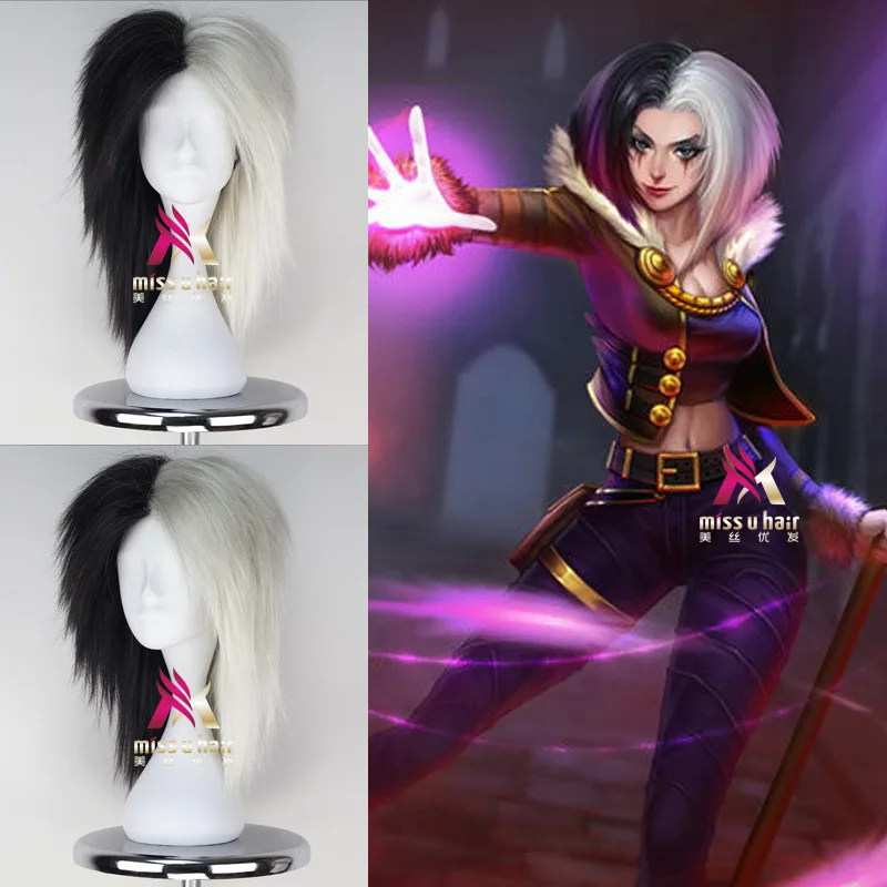 

League of Legends LOL Katarina Cosplay Wig Dark black white Culy Synthetic Hair Wigs Halloween Party Free Shipping +wig cap