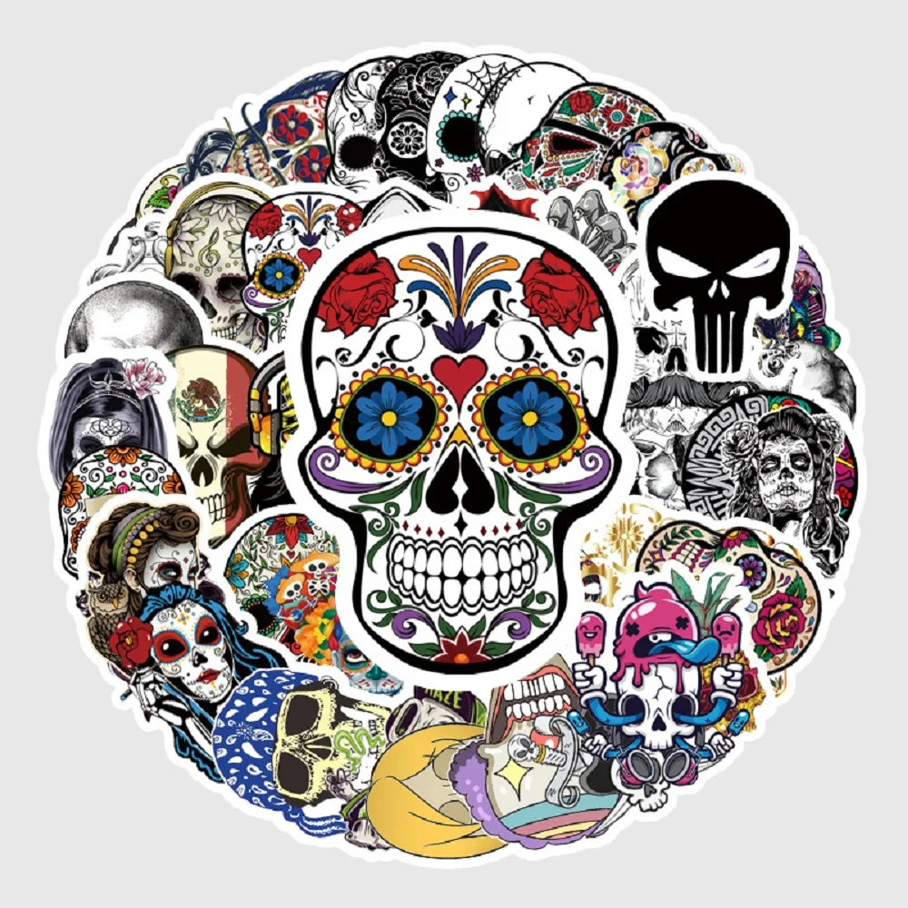 50 Uds mixto de Terror cráneo pegatinas para portátil de estilismo de motocicleta equipaje calcomanías de maletas de Terror miedo cráneo pegatina de Graffiti