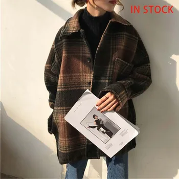 

Women's Autumn Plaid Wool Blends Vintage Coat Jacket Check Batwing Sleeve Korean Woman Coats 2020 Winter Pocket Outerwear Ladies