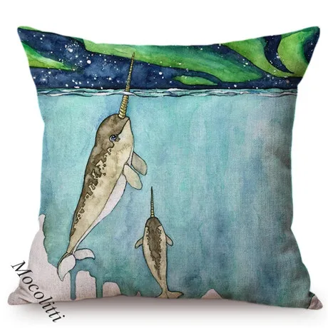 Blue Whale Style Ocean Animal Cushion Cover Water Color Painted Girls and Whale Dolphin Fairy Tales Decoration Sofa Pillow Cover 0097-14