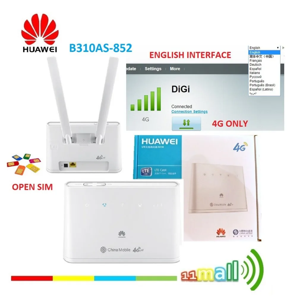 Huawei B310As-852 LTE FDD B3/B7/B8 900/1800/2600 МГц TDDB38/39/40/41 1900/2300 м/2500/2600 МГц Мобильный Беспроводной VOIP беспроводной маршрутизатор