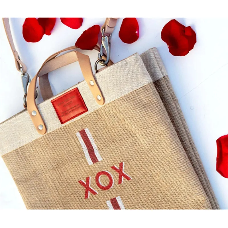 

2020 Fashion Personalize Detachable Handle Jute Bags, name Stripe Beach bag, Burlap Market bag with leather handles, Grocery Bag