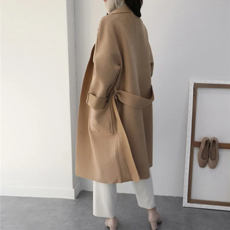 Женский винтажный кардиган на поясе, длинные пальто, отложной воротник, высокая талия, шерстяное пальто, Формальное, свободное, больше размера плюс, верхняя одежда