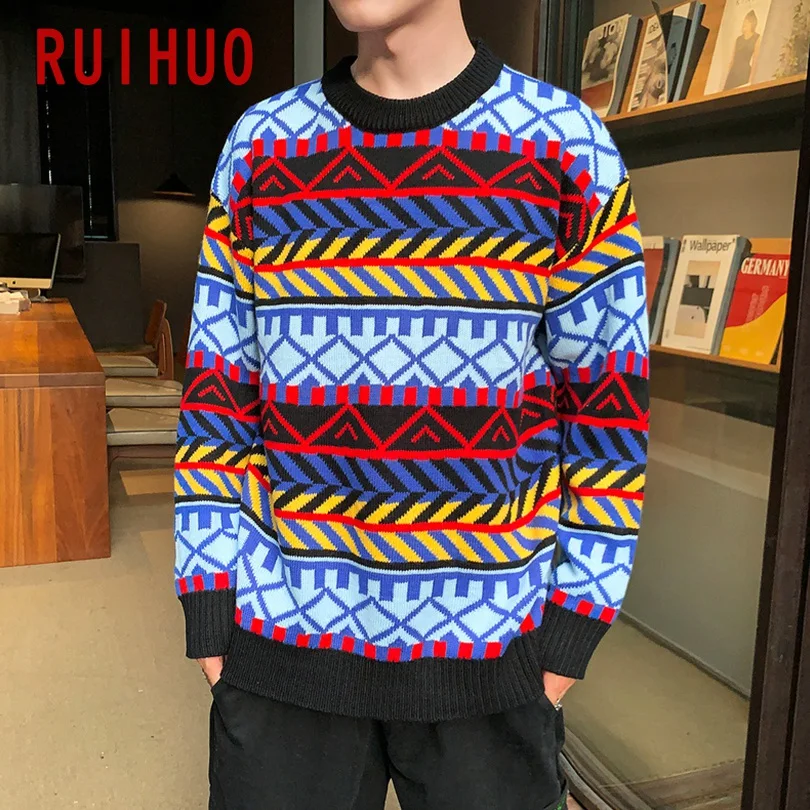 RUIHUO, Цветной полосатый зимний мужской свитер, Уродливый Рождественский свитер, мужское зимнее пальто, пуловер и свитеры для мужчин, осень, 5XL