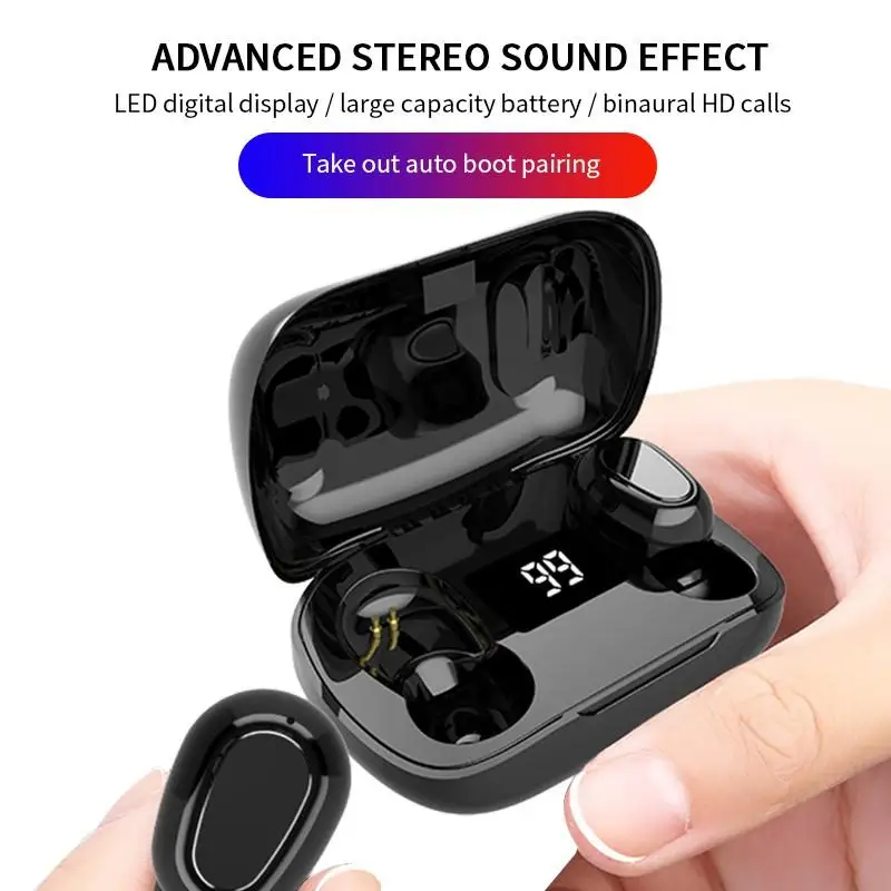 L21 Bluetooth Wireless Headphones LED Power Display IPX7 Waterproof Binaural HD Call Headset Auto Pairing Noise Reduction Earbud