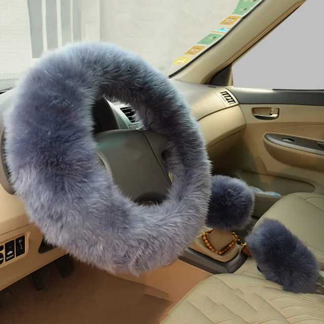3Pcs Winter Plush Fur Car Steering Wheel Cover Hand Brake Cover Gear Shifter Cover Fluffy Soft