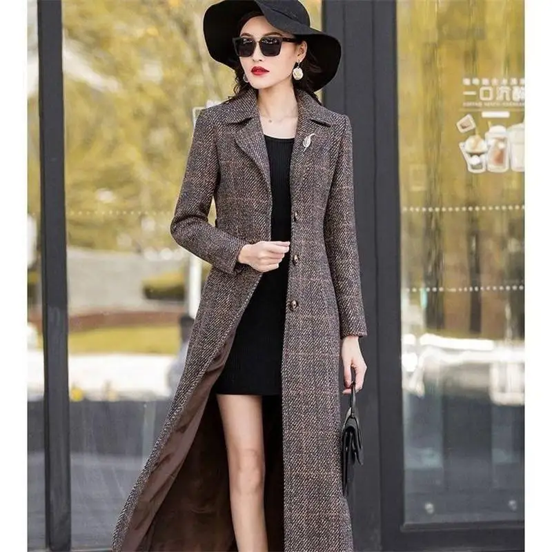 New Autumn Winter Woman Vintage Slim X-Long Plaid Sashes Wool Blend Coat Female Woolen Outwear Abrigos Mujer Invierno R299 - Цвет: zong se