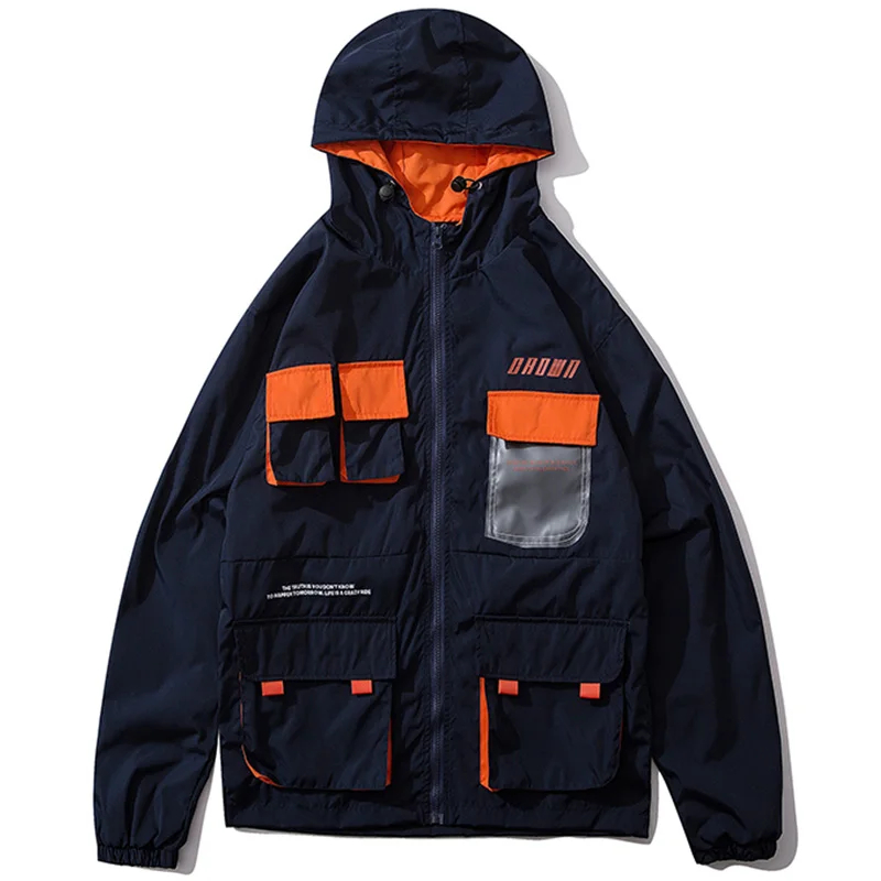 Aolamegs Jackets Men Cool Hip Hop Jacket Hooded Tracksuit Casual Color Block Funny Pockets Coats All-match Couple Streetwear - Цвет: Blue
