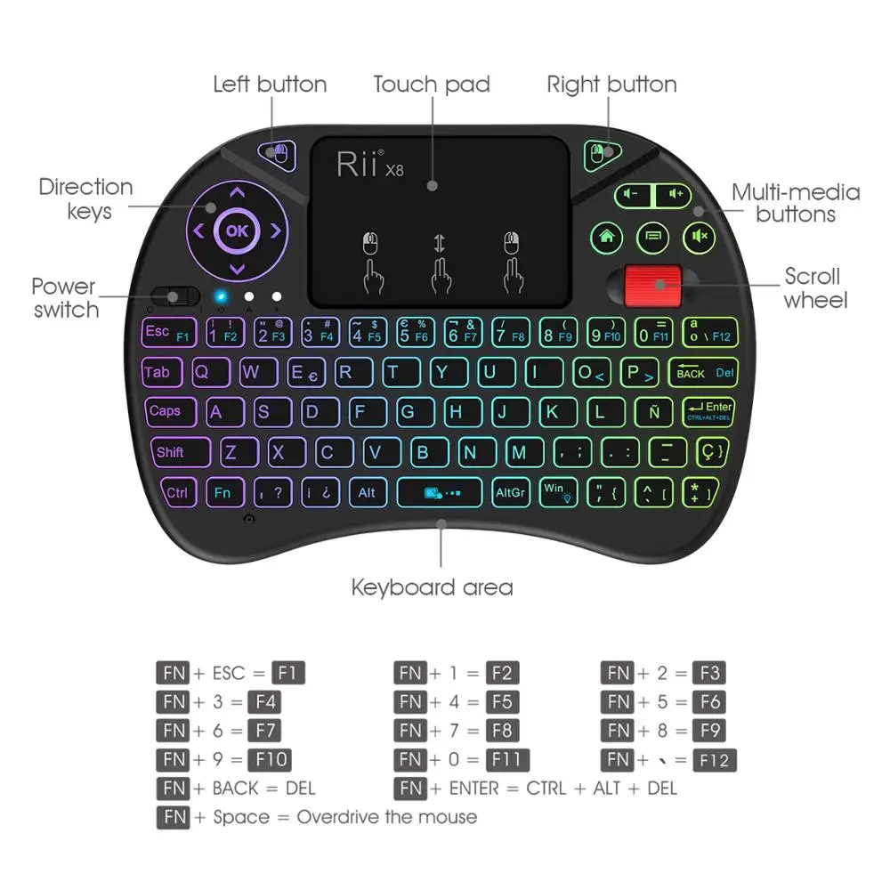 Rii X8 2,4 ГГц испанская мини беспроводная клавиатура с тачпадом, светодиод, меняющий цвет с подсветкой, литий-ионный аккумулятор для ТВ-приставки