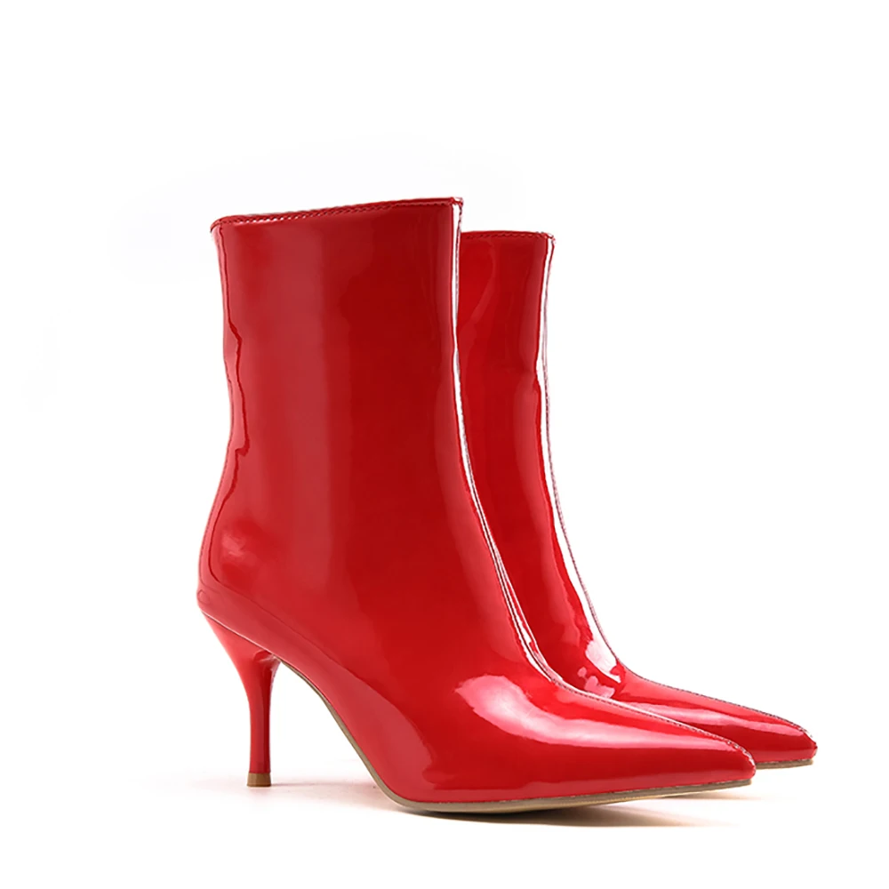 Red Thick Lining Г. Новые пикантные зимние женские сапоги до середины голени красного и белого цвета модные женские Вечерние туфли на высоком тонком каблуке Большие размеры 10, 43, 45, 47, EM95 - Color: Red Thick Lining