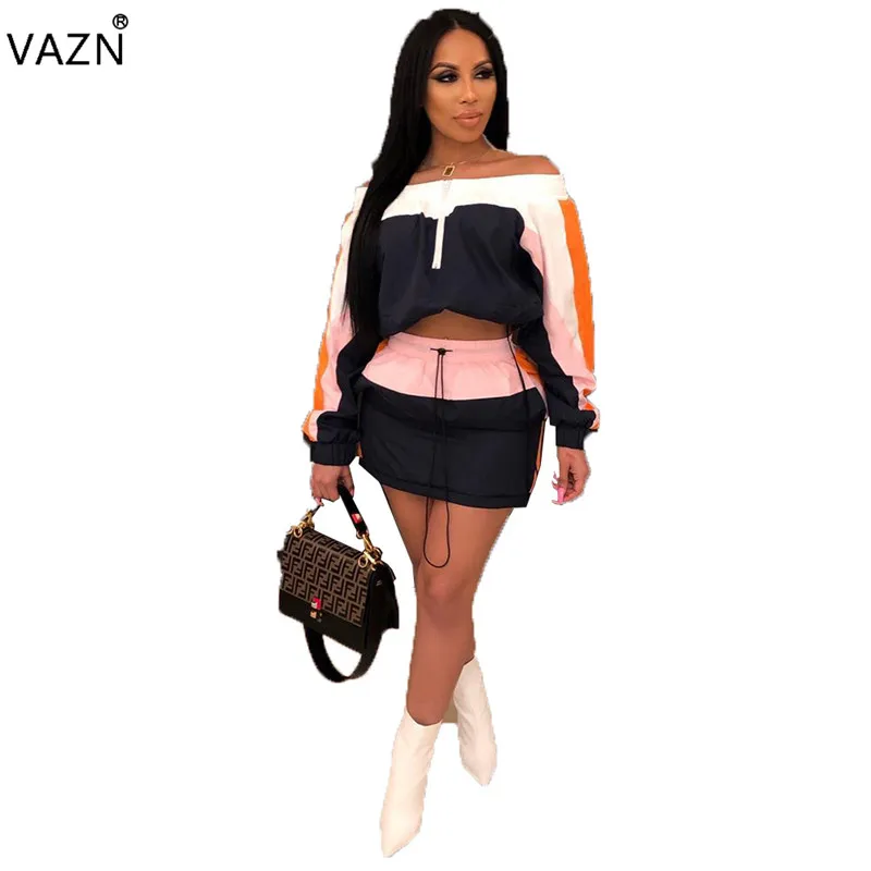 

VAZN MDO9028 casual tooling style sets long sleeve card shuolder zipper short top elastic mini short skirt orange 2 piece sets