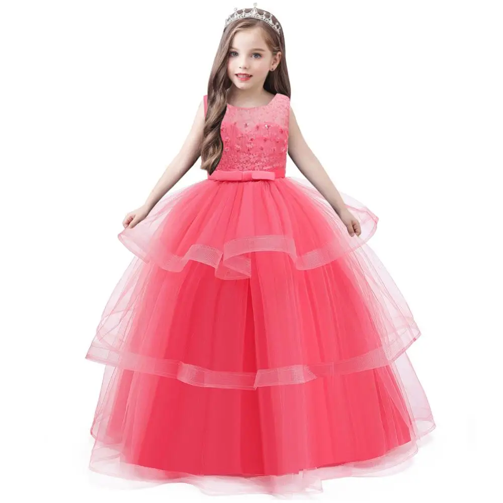 4-14 year old girl new year party evening dress children sweet fluffy wedding dress lace bead kids girls catwalk clothes