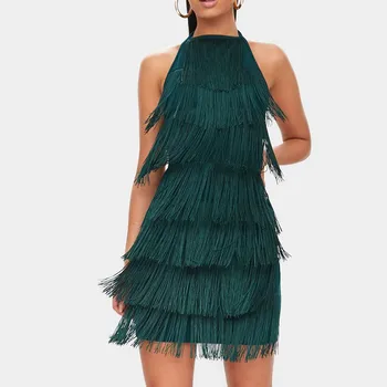 

Women Tassels Dress Halter Strap Backless Sexy Bodycon Party Summer Runway Dresses Glam Gatsby Fringe Flapper Sundress Vestidos