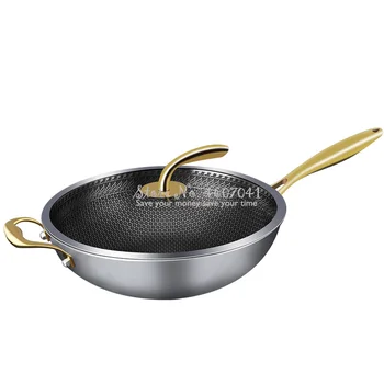

Brand 304 Stainless Steel Kitchen Golden Wok Non-stick Pan Uncoated Pot Less Smoke Household Cooking Pot