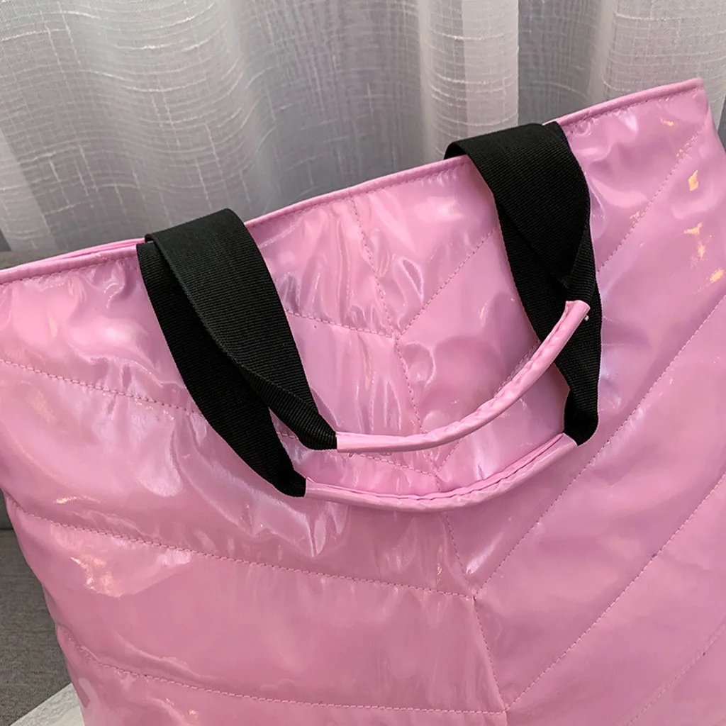 Women Sliver Tote Bags Solid Color Zipper Down Handbag Waterproof Messager Shoulder Bags Large Capacity Shopping Travel Bag