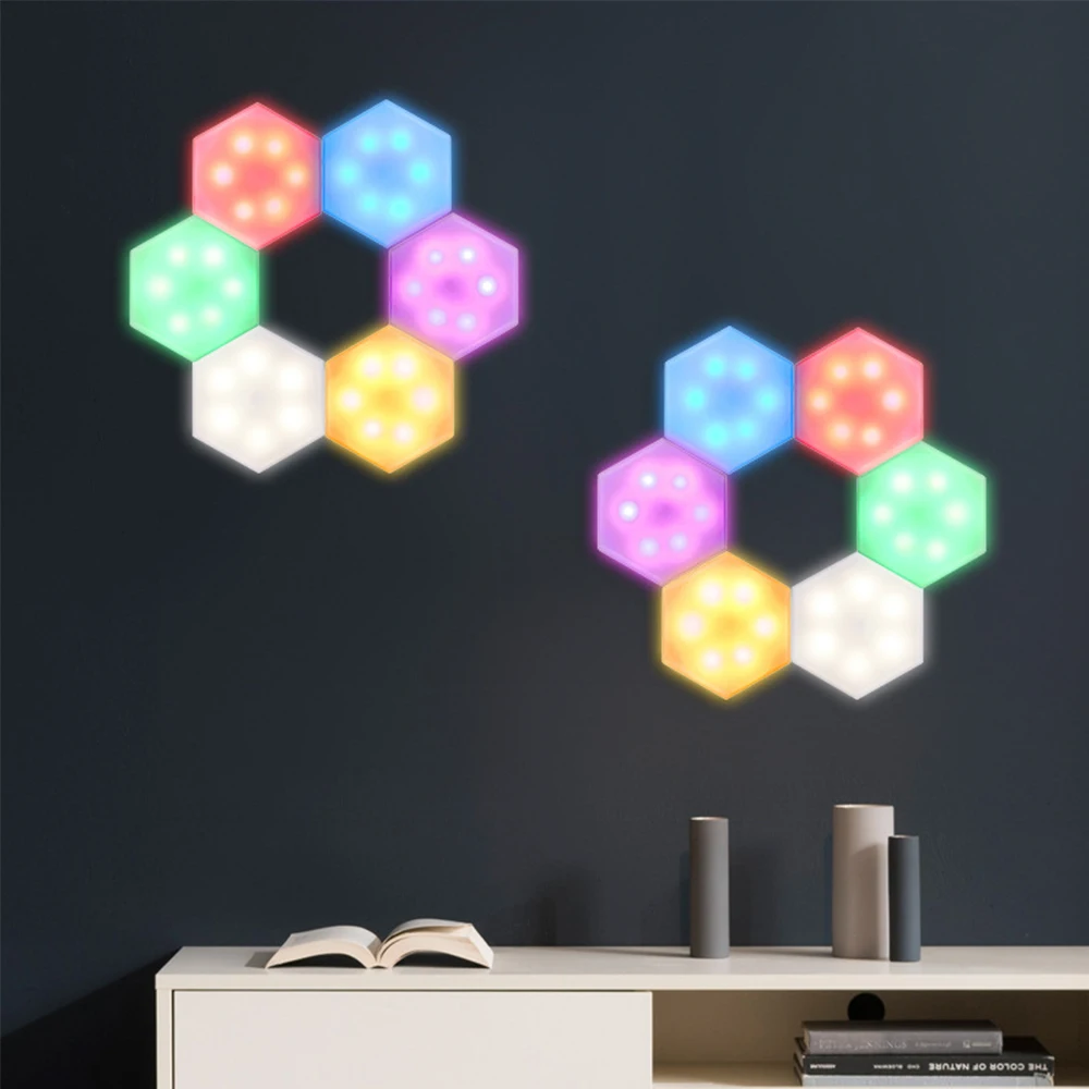 6pc Honeycomb Quantum Hexagon DIY Changeable Colorful Night Light with Remote Control for Bedroom Living Dining Room Wall Decor