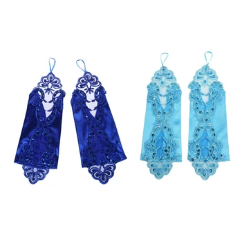

2 Pairs Fingerless Elegant Gloves for Bride Wedding Party ,1 Pair Pearl Lace Satin Blue & 1 Pair Short Lake Blue