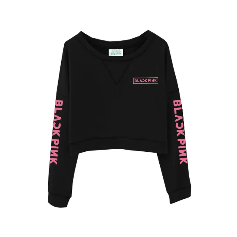 A Kpop Черный Розовый Jisoo Лиза Роза Дженни с такой же одеждой круглый вырез короткий секционный свитшоты тонкие женские свободные летние - Цвет: A