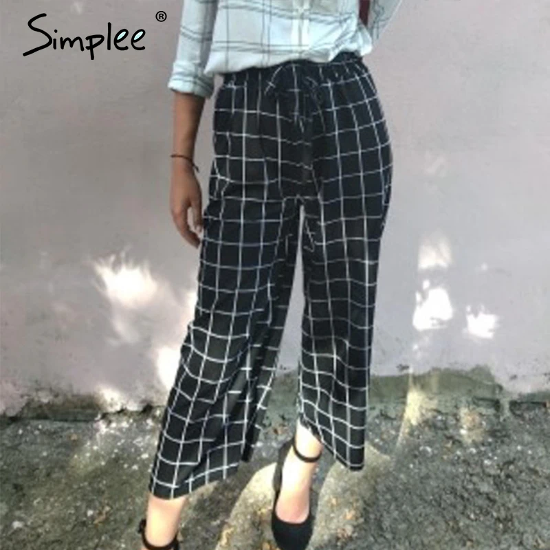 

Simplee Stripes floral print casual pants capri Split loose wide leg pants women Sash high waist pants summer female trousers