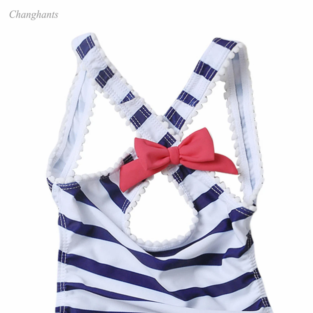 New Model Children One Piece Swimsuit 1-8 Y Girls Bathing Suit Kids White Swimwear with Blue Stripe Girl Swimming Pool Suit