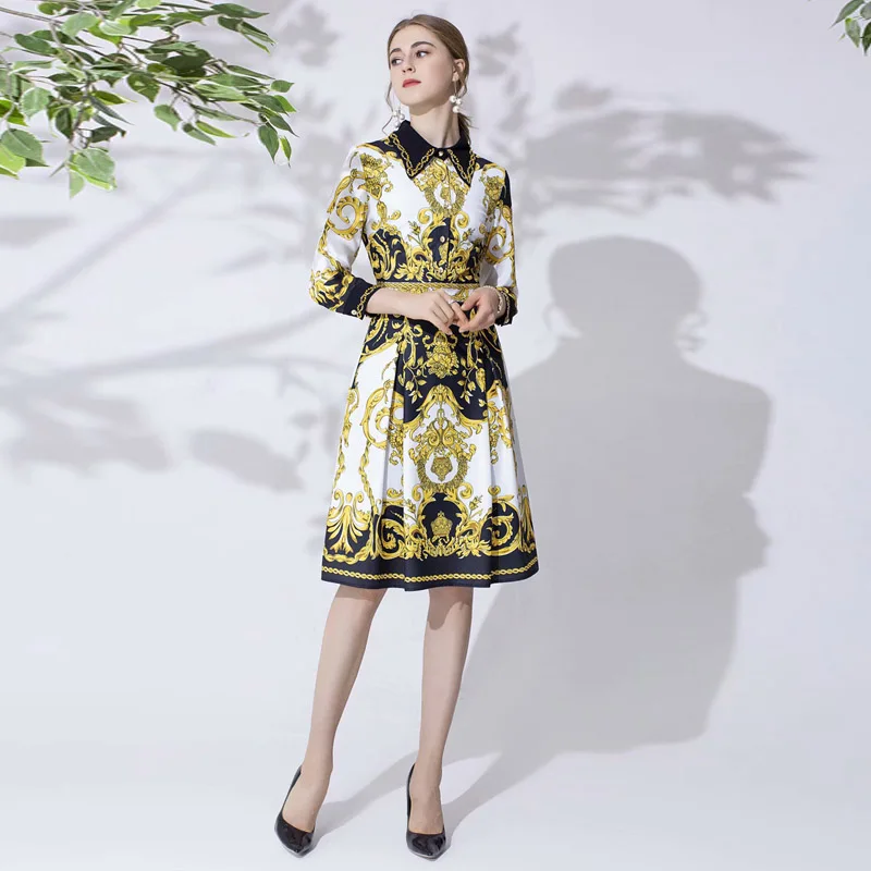 

High Quality Autumn New Women'S Fashion Work Party Sexy Beach Boho Lapel Diamonds Vintage Elegant Chic Print Flower Midi Dress