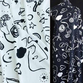 

high quality black white printed chiffon fabric soft comfortable clothing tissue for women dress, diy material by meter